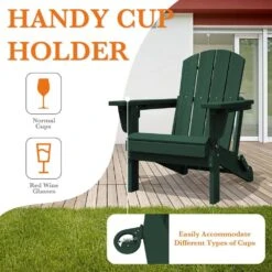 Weather Resistant Plastic HDPE Outdoor Patio Folding Adjustable Adirondack Chair With Cup Holder In Dark Green -More Furniture Store jearey plastic adirondack chairs cgtjy darkg 76 1000