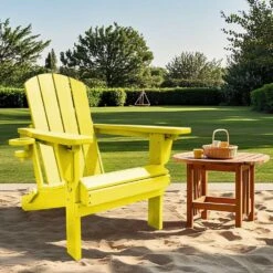 Weather Resistant Plastic HDPE Outdoor Patio Folding Adjustable Adirondack Chair With Cup Holder In Lemon Yellow