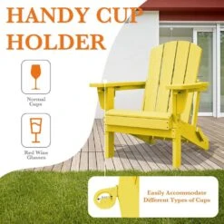 Weather Resistant Plastic HDPE Outdoor Patio Folding Adjustable Adirondack Chair With Cup Holder In Lemon Yellow -More Furniture Store jearey plastic adirondack chairs cgtjy nmh 76 1000
