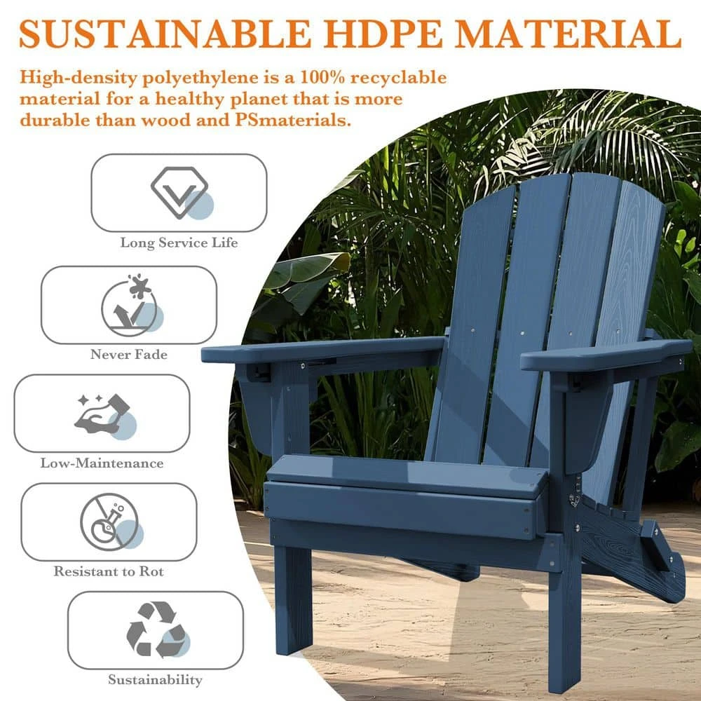 Weather Resistant Plastic HDPE Outdoor Patio Folding Adjustable Adirondack Chair With Cup Holder In Navy 5 Weather Resistant Plastic HDPE Outdoor Patio Folding Adjustable Adirondack Chair With Cup Holder In Navy - Image 5