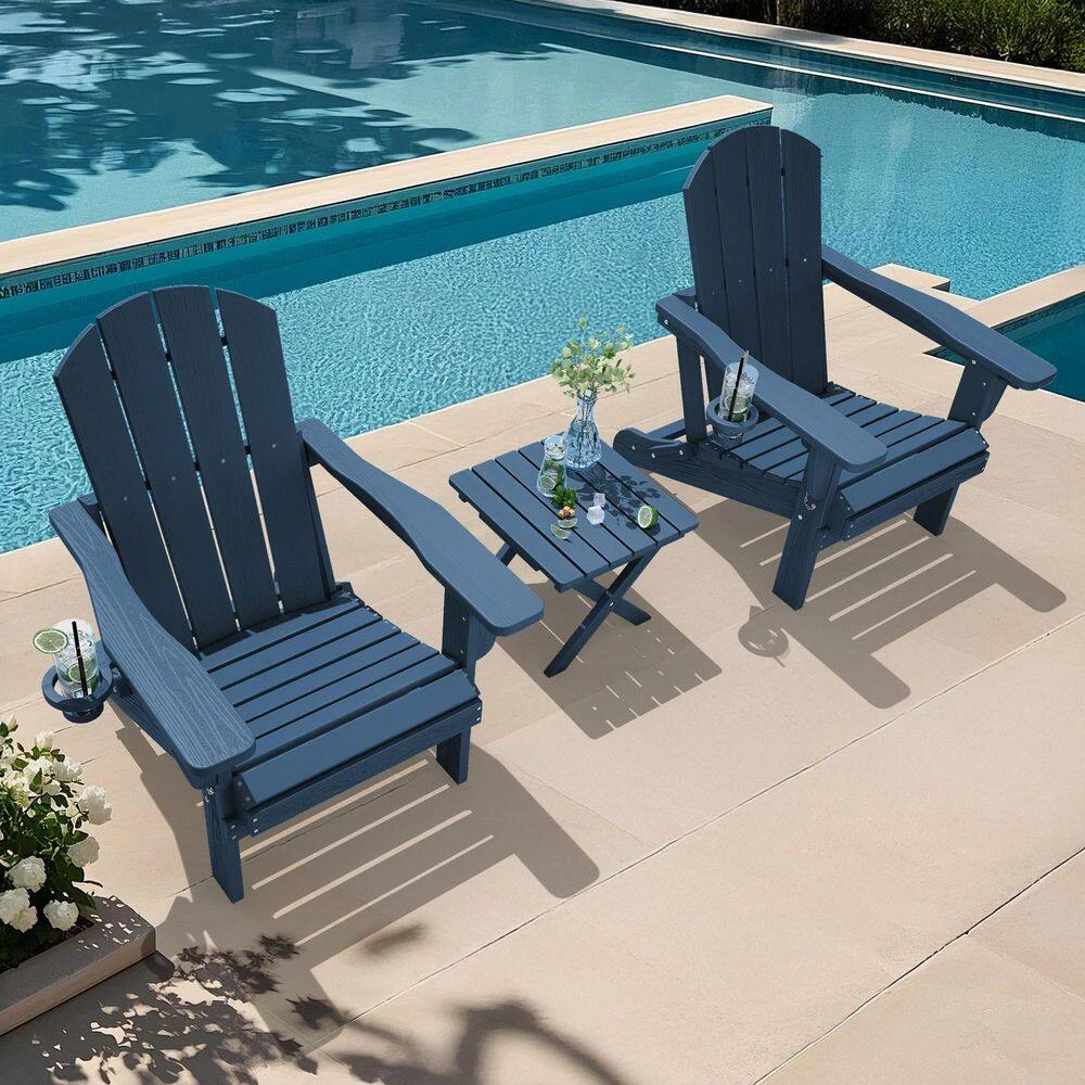 Weather Resistant Plastic HDPE Outdoor Patio Folding Adjustable Adirondack Chair With Cup Holder In Navy 9 Weather Resistant Plastic HDPE Outdoor Patio Folding Adjustable Adirondack Chair With Cup Holder In Navy - Image 9