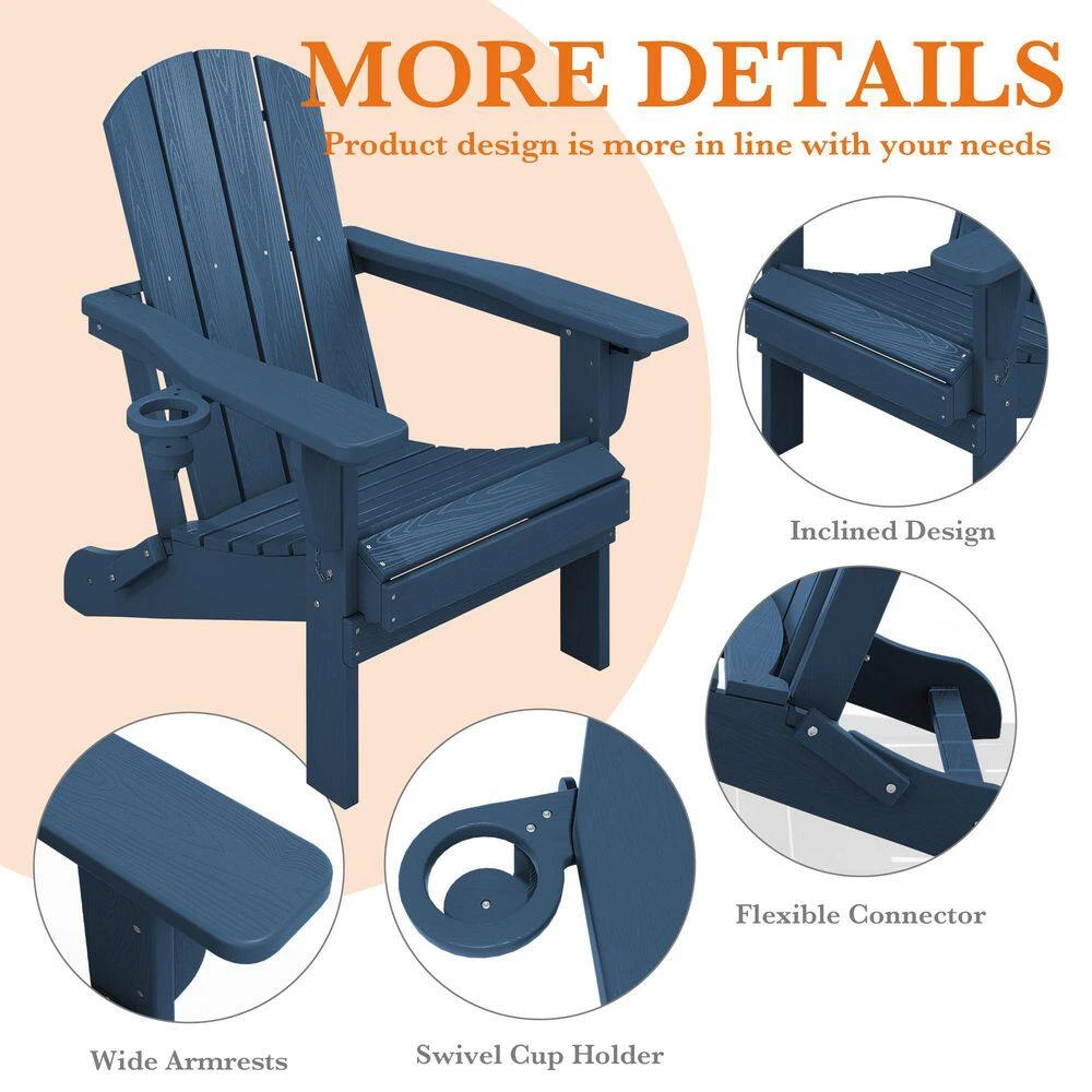 Weather Resistant Plastic HDPE Outdoor Patio Folding Adjustable Adirondack Chair With Cup Holder In Navy 6 Weather Resistant Plastic HDPE Outdoor Patio Folding Adjustable Adirondack Chair With Cup Holder In Navy - Image 6