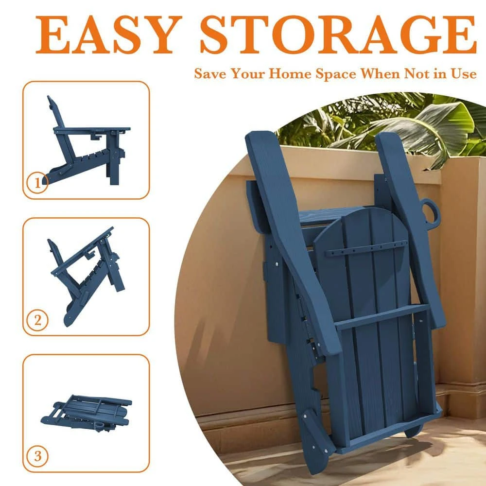 Weather Resistant Plastic HDPE Outdoor Patio Folding Adjustable Adirondack Chair With Cup Holder In Navy 4 Weather Resistant Plastic HDPE Outdoor Patio Folding Adjustable Adirondack Chair With Cup Holder In Navy - Image 4