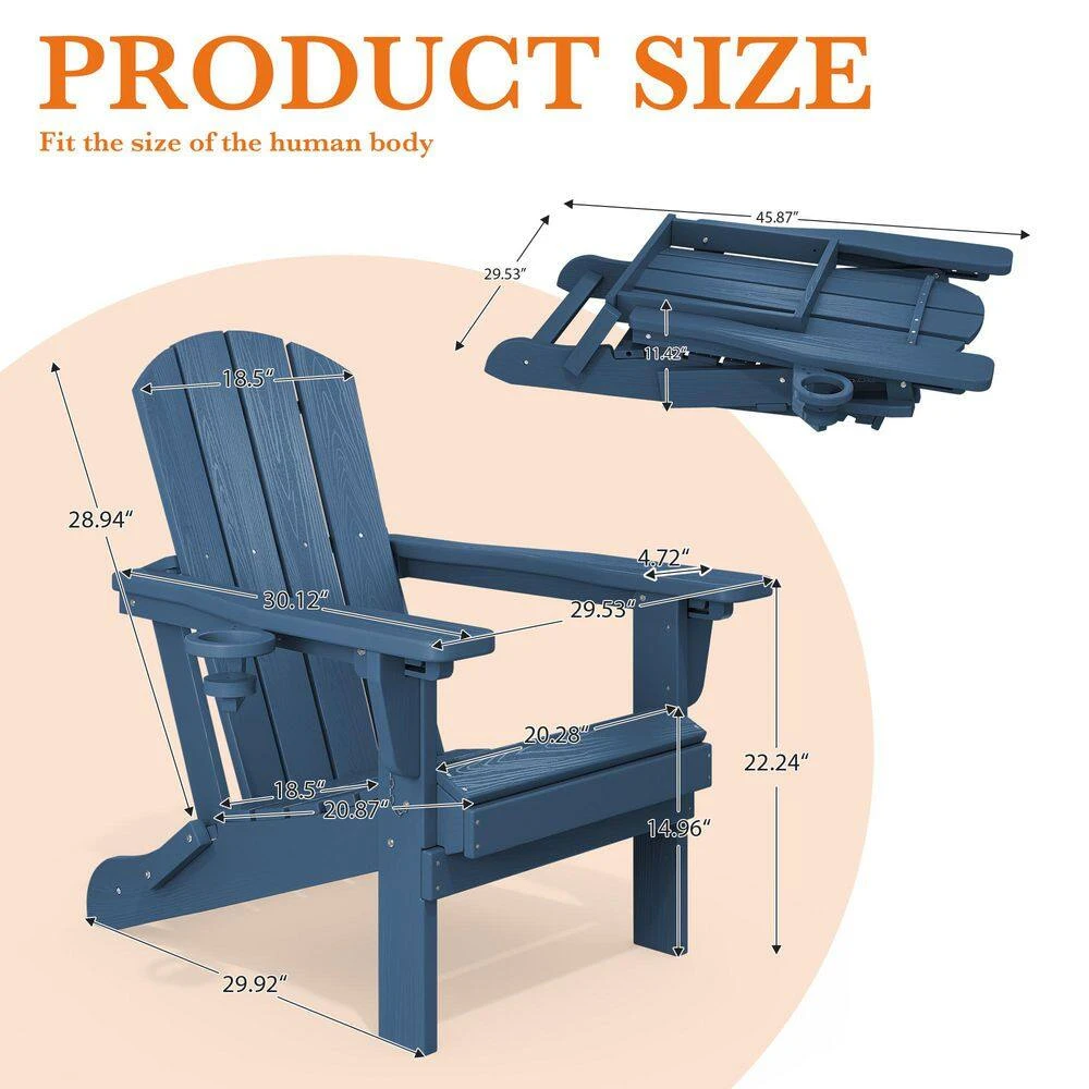Weather Resistant Plastic HDPE Outdoor Patio Folding Adjustable Adirondack Chair With Cup Holder In Navy 3 Weather Resistant Plastic HDPE Outdoor Patio Folding Adjustable Adirondack Chair With Cup Holder In Navy - Image 3
