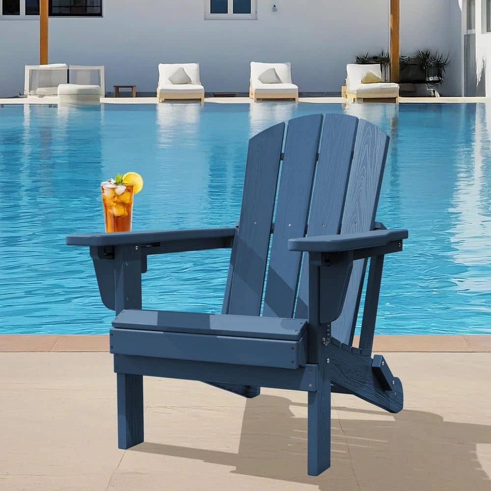 Weather Resistant Plastic HDPE Outdoor Patio Folding Adjustable Adirondack Chair With Cup Holder In Navy 2 Weather Resistant Plastic HDPE Outdoor Patio Folding Adjustable Adirondack Chair With Cup Holder In Navy - Image 2