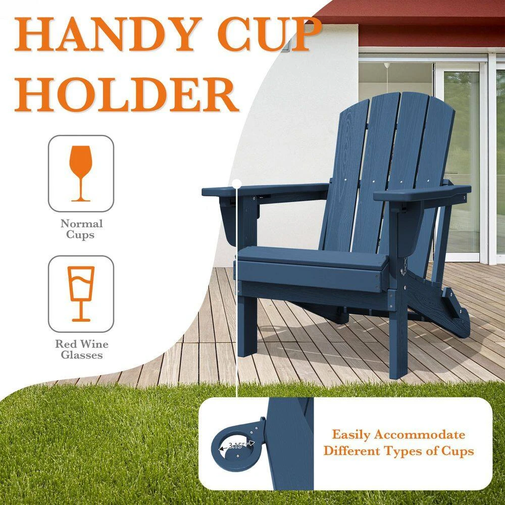 Weather Resistant Plastic HDPE Outdoor Patio Folding Adjustable Adirondack Chair With Cup Holder In Navy 7 Weather Resistant Plastic HDPE Outdoor Patio Folding Adjustable Adirondack Chair With Cup Holder In Navy - Image 7