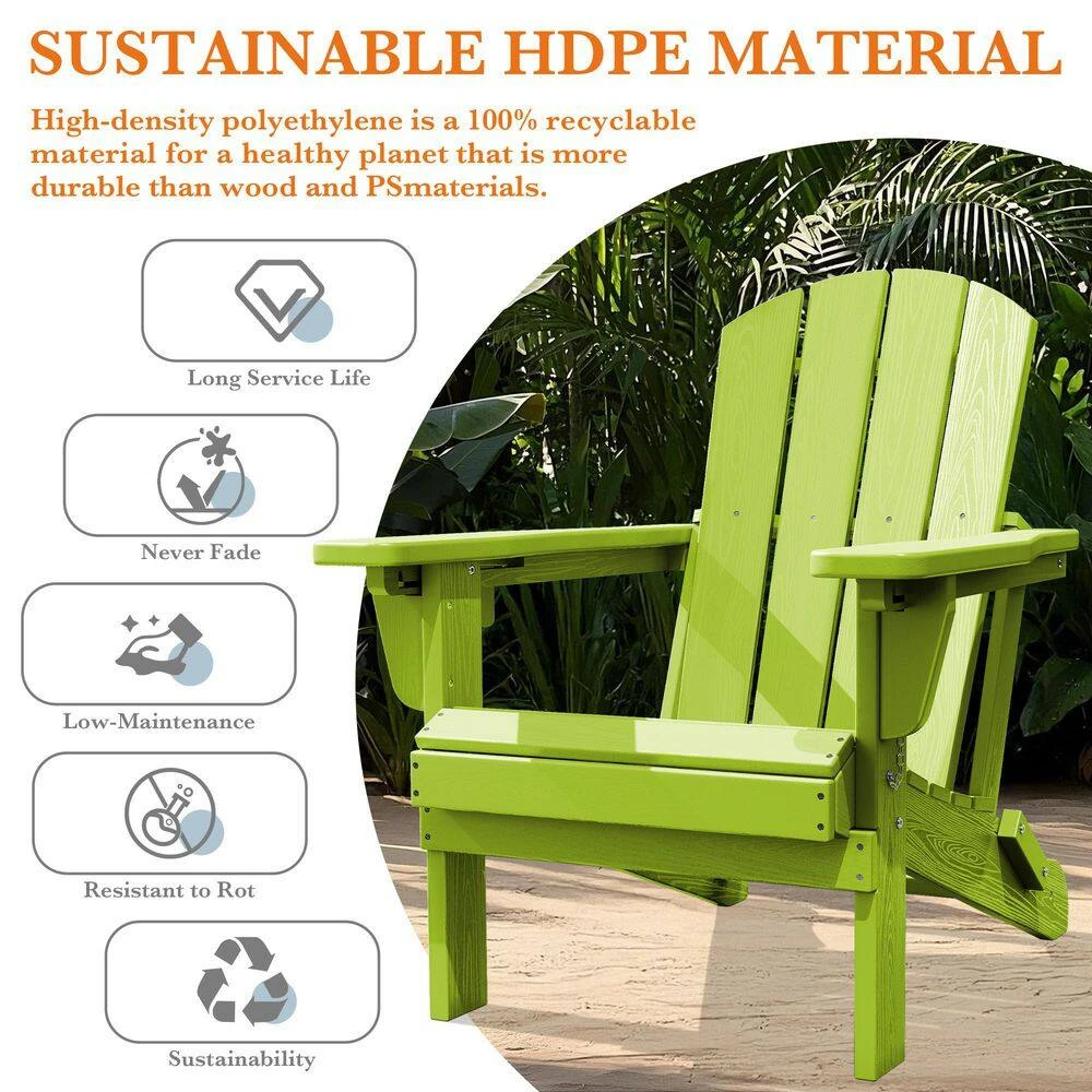 Weather Resistant Plastic HDPE Outdoor Patio Folding Adjustable Adirondack Chair With Cup Holder In Apple Green 5 Weather Resistant Plastic HDPE Outdoor Patio Folding Adjustable Adirondack Chair With Cup Holder In Apple Green - Image 5
