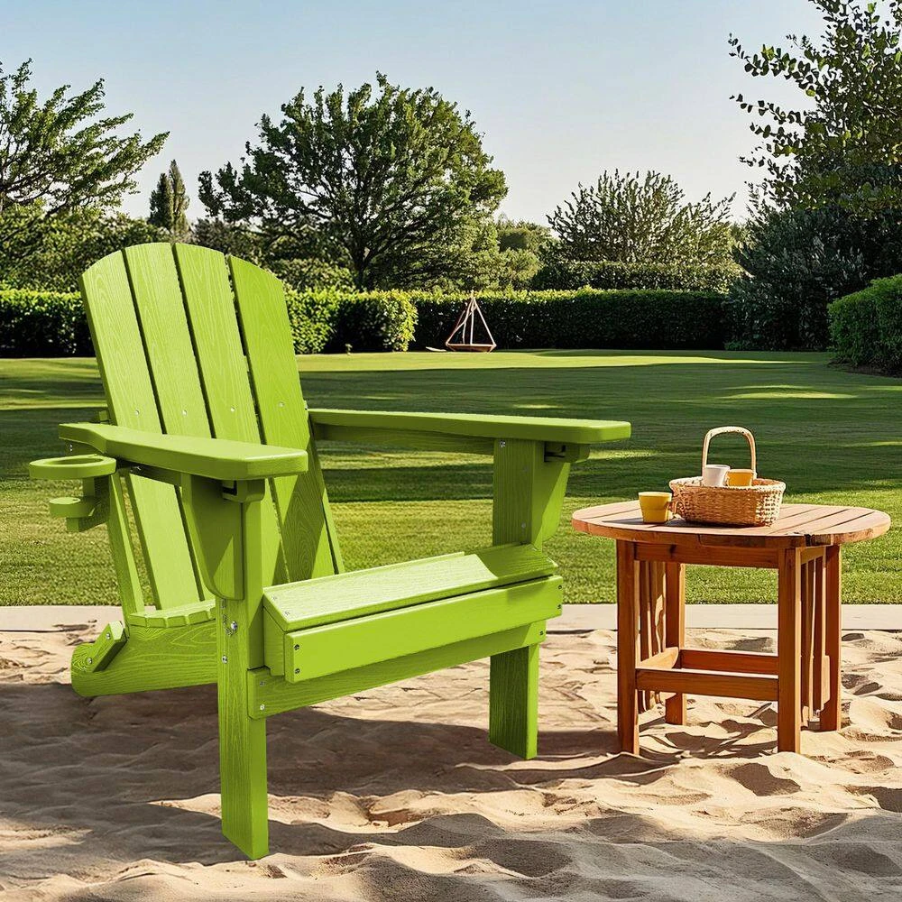 Weather Resistant Plastic HDPE Outdoor Patio Folding Adjustable Adirondack Chair With Cup Holder In Apple Green 1 Weather Resistant Plastic HDPE Outdoor Patio Folding Adjustable Adirondack Chair With Cup Holder In Apple Green