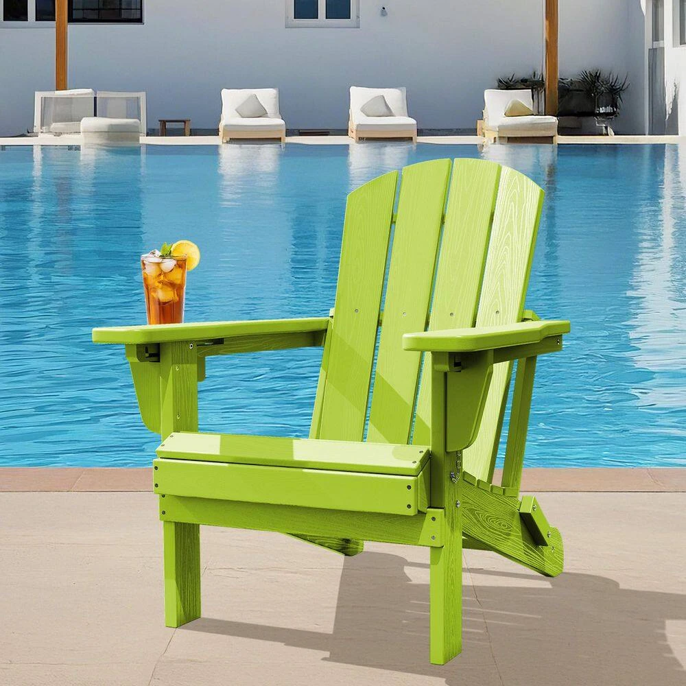 Weather Resistant Plastic HDPE Outdoor Patio Folding Adjustable Adirondack Chair With Cup Holder In Apple Green 2 Weather Resistant Plastic HDPE Outdoor Patio Folding Adjustable Adirondack Chair With Cup Holder In Apple Green - Image 2