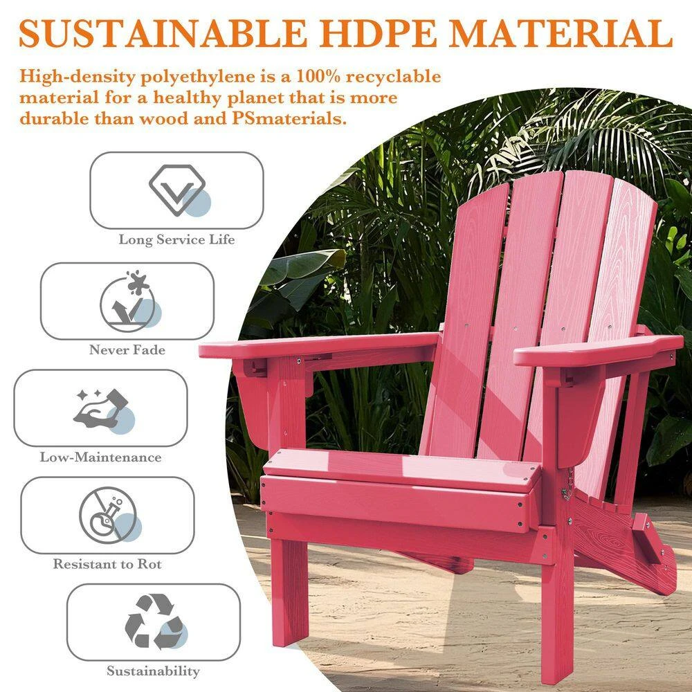 Weather Resistant Plastic HDPE Outdoor Patio Folding Adjustable Adirondack Chair With Cup Holder In Pink 5 Weather Resistant Plastic HDPE Outdoor Patio Folding Adjustable Adirondack Chair With Cup Holder In Pink - Image 5