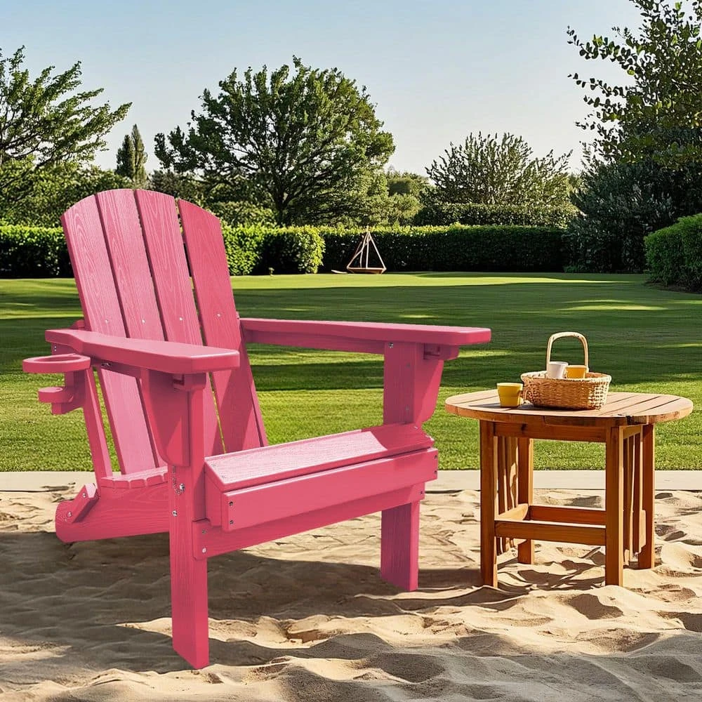 Weather Resistant Plastic HDPE Outdoor Patio Folding Adjustable Adirondack Chair With Cup Holder In Pink 1 Weather Resistant Plastic HDPE Outdoor Patio Folding Adjustable Adirondack Chair With Cup Holder In Pink