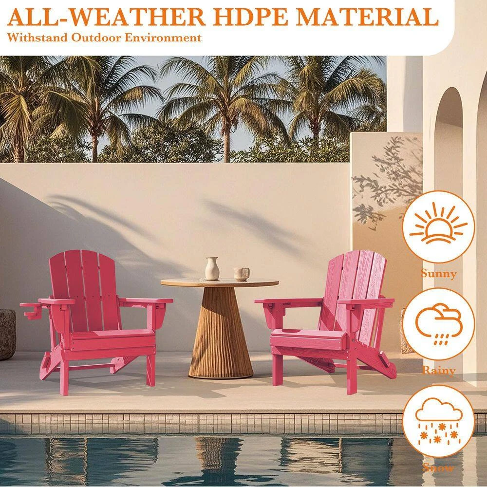 Weather Resistant Plastic HDPE Outdoor Patio Folding Adjustable Adirondack Chair With Cup Holder In Pink 8 Weather Resistant Plastic HDPE Outdoor Patio Folding Adjustable Adirondack Chair With Cup Holder In Pink - Image 8