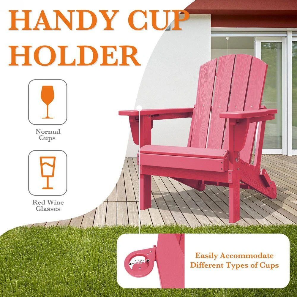 Weather Resistant Plastic HDPE Outdoor Patio Folding Adjustable Adirondack Chair With Cup Holder In Pink 7 Weather Resistant Plastic HDPE Outdoor Patio Folding Adjustable Adirondack Chair With Cup Holder In Pink - Image 7