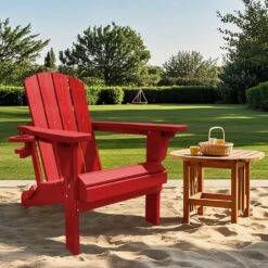 Weather Resistant Plastic HDPE Outdoor Patio Folding Adjustable Adirondack Chair With Cup Holder In Red