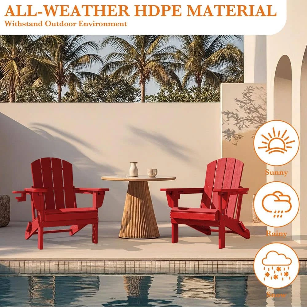 Weather Resistant Plastic HDPE Outdoor Patio Folding Adjustable Adirondack Chair With Cup Holder In Red 8 Weather Resistant Plastic HDPE Outdoor Patio Folding Adjustable Adirondack Chair With Cup Holder In Red - Image 8