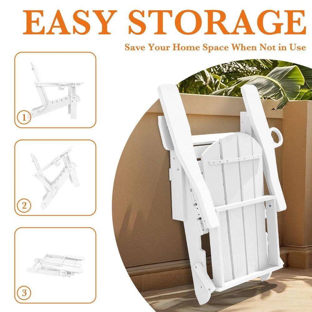 Weather Resistant Plastic HDPE Outdoor Patio Folding Adjustable Adirondack Chair With Cup Holder In White 5 Weather Resistant Plastic HDPE Outdoor Patio Folding Adjustable Adirondack Chair With Cup Holder In White - Image 5
