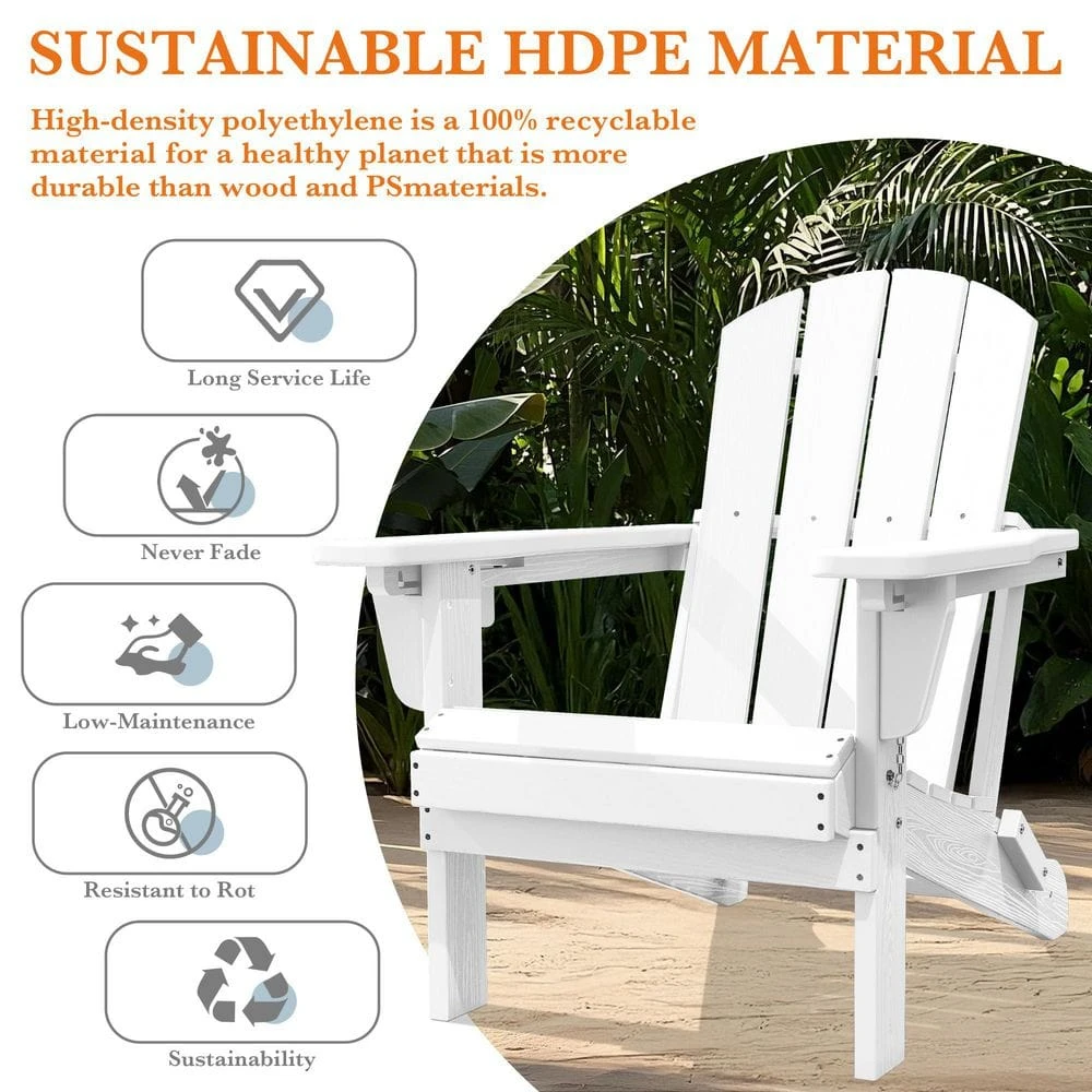 Weather Resistant Plastic HDPE Outdoor Patio Folding Adjustable Adirondack Chair With Cup Holder In White 4 Weather Resistant Plastic HDPE Outdoor Patio Folding Adjustable Adirondack Chair With Cup Holder In White - Image 4