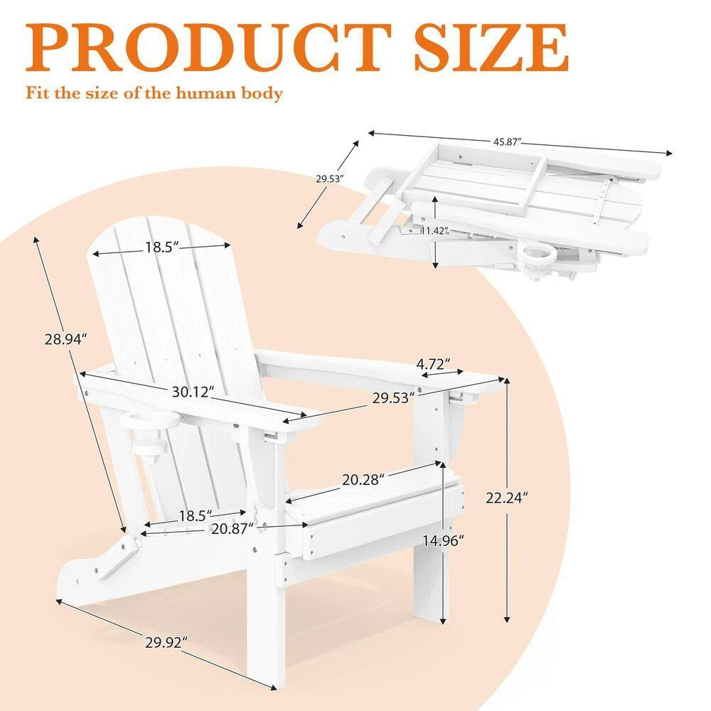 Weather Resistant Plastic HDPE Outdoor Patio Folding Adjustable Adirondack Chair With Cup Holder In White 3 Weather Resistant Plastic HDPE Outdoor Patio Folding Adjustable Adirondack Chair With Cup Holder In White - Image 3