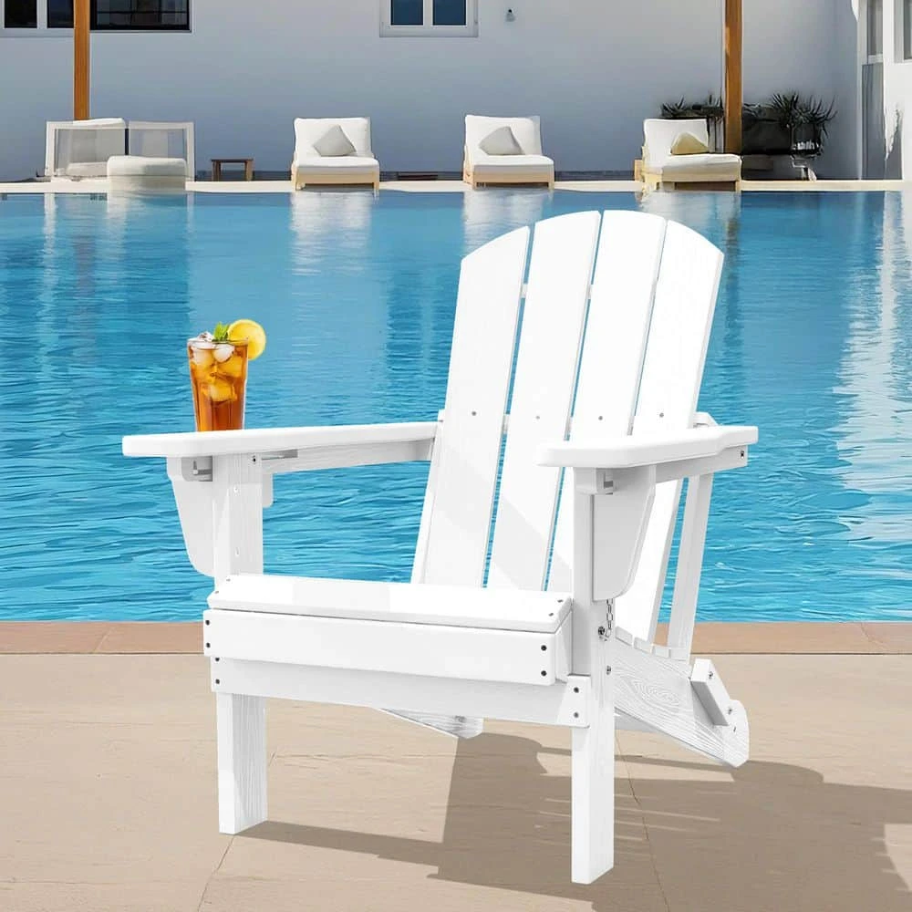 Weather Resistant Plastic HDPE Outdoor Patio Folding Adjustable Adirondack Chair With Cup Holder In White 2 Weather Resistant Plastic HDPE Outdoor Patio Folding Adjustable Adirondack Chair With Cup Holder In White - Image 2