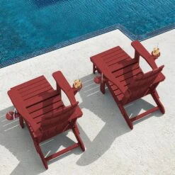 3-Level Adjustable Patio Folding Plastic Adirondack Chair With Retractable Ottoman, Cup And Phone Holders In Dark Red -More Furniture Store jearey plastic adirondack chairs clgjtjy ah 31 1000