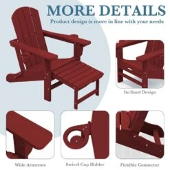 3-Level Adjustable Patio Folding Plastic Adirondack Chair With Retractable Ottoman, Cup And Phone Holders In Dark Red -More Furniture Store jearey plastic adirondack chairs clgjtjy ah 44 1000