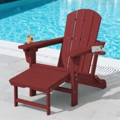 3-Level Adjustable Patio Folding Plastic Adirondack Chair With Retractable Ottoman, Cup And Phone Holders In Dark Red