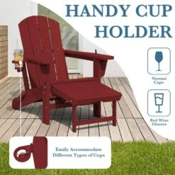 3-Level Adjustable Patio Folding Plastic Adirondack Chair With Retractable Ottoman, Cup And Phone Holders In Dark Red -More Furniture Store jearey plastic adirondack chairs clgjtjy ah fa 1000