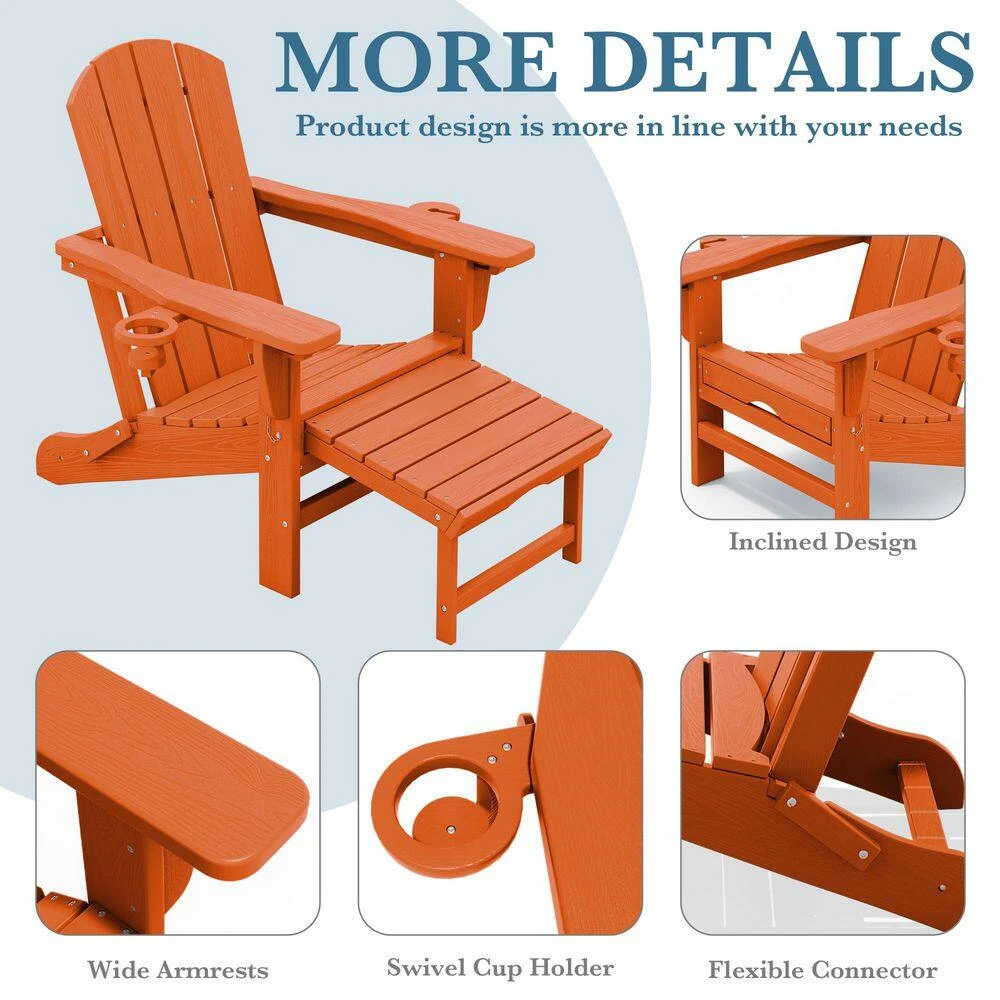 3-Level Adjustable Patio Folding Plastic Adirondack Chair With Retractable Ottoman, Cup And Phone Holders In Orange 6 3-Level Adjustable Patio Folding Plastic Adirondack Chair With Retractable Ottoman, Cup And Phone Holders In Orange - Image 6