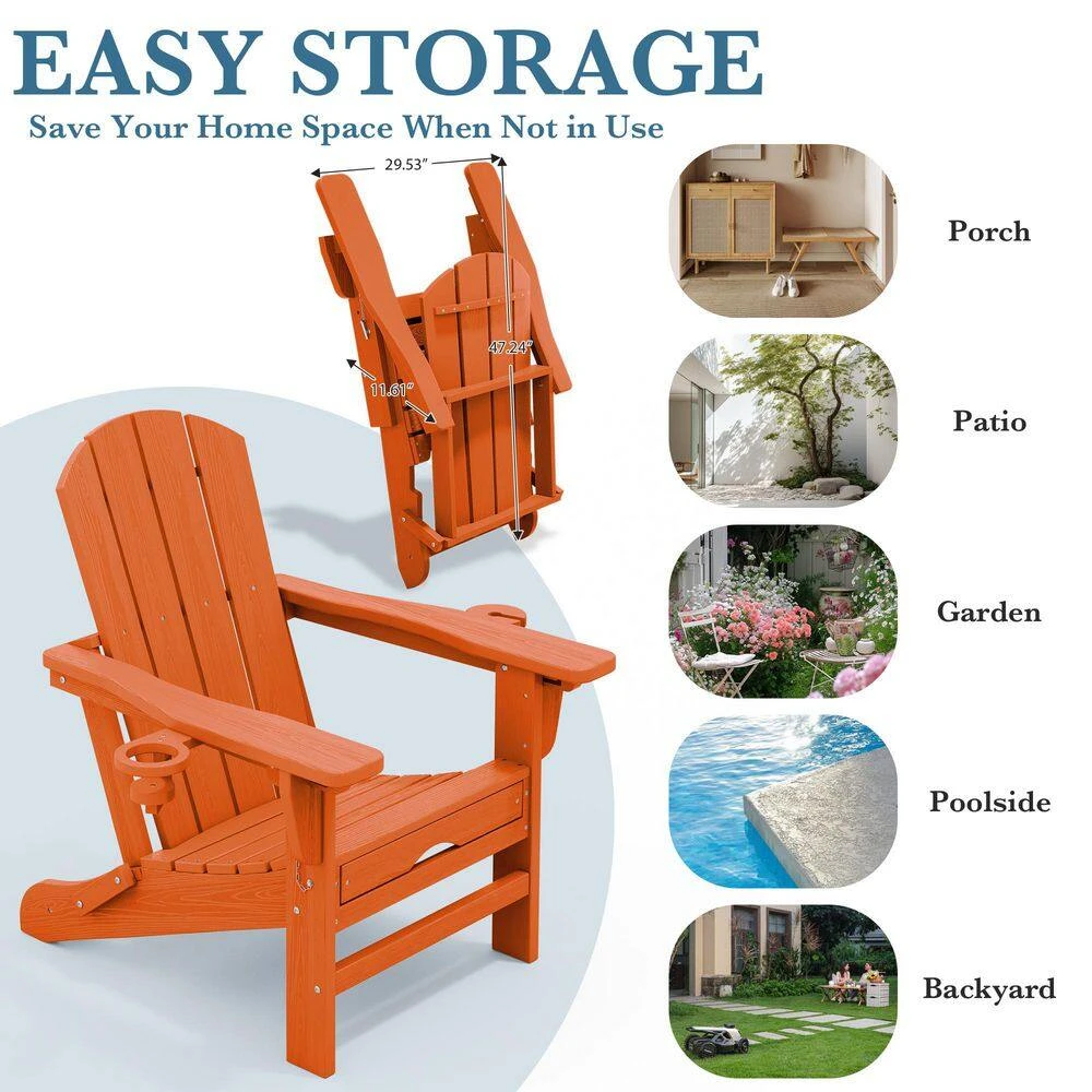 3-Level Adjustable Patio Folding Plastic Adirondack Chair With Retractable Ottoman, Cup And Phone Holders In Orange 4 3-Level Adjustable Patio Folding Plastic Adirondack Chair With Retractable Ottoman, Cup And Phone Holders In Orange - Image 4