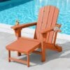 3-Level Adjustable Patio Folding Plastic Adirondack Chair With Retractable Ottoman, Cup And Phone Holders In Orange
