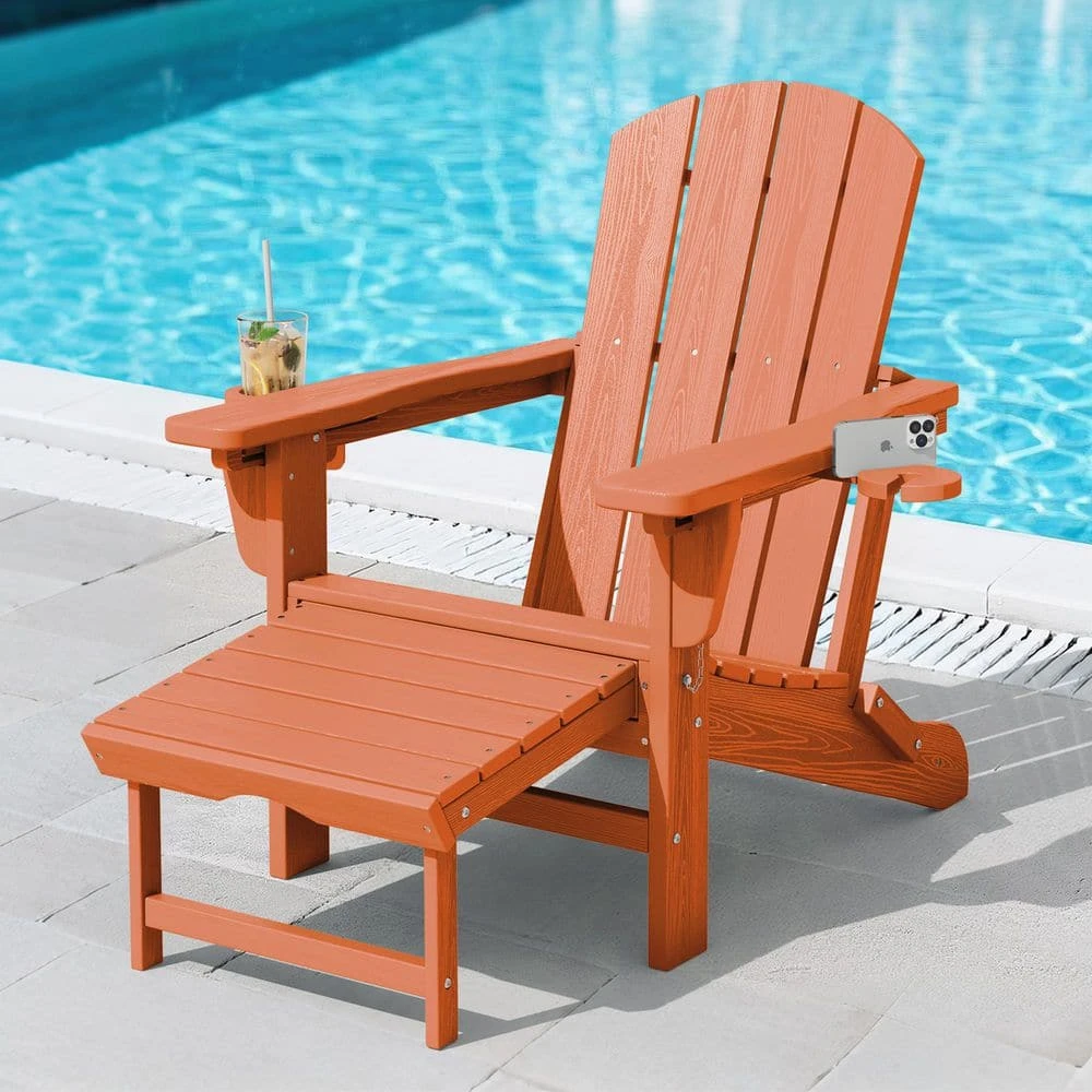 3-Level Adjustable Patio Folding Plastic Adirondack Chair With Retractable Ottoman, Cup And Phone Holders In Orange 1 3-Level Adjustable Patio Folding Plastic Adirondack Chair With Retractable Ottoman, Cup And Phone Holders In Orange