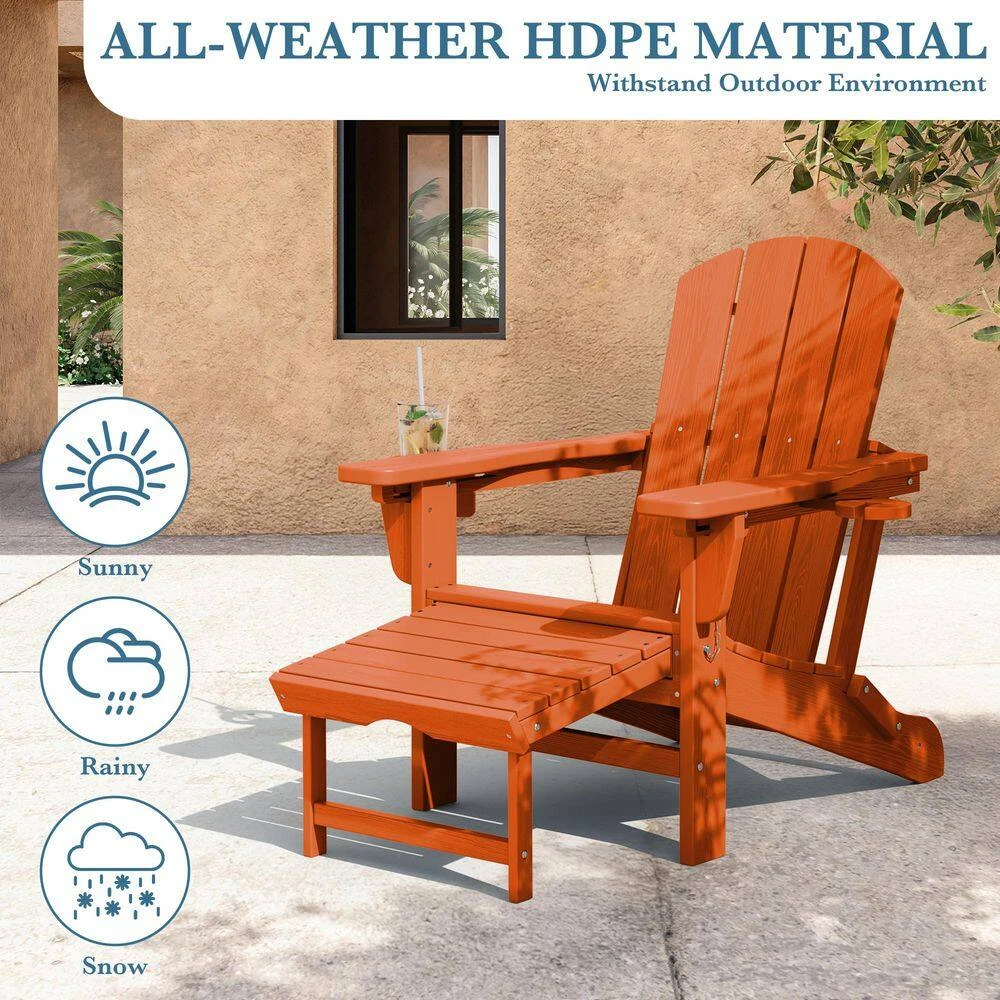 3-Level Adjustable Patio Folding Plastic Adirondack Chair With Retractable Ottoman, Cup And Phone Holders In Orange 8 3-Level Adjustable Patio Folding Plastic Adirondack Chair With Retractable Ottoman, Cup And Phone Holders In Orange - Image 8