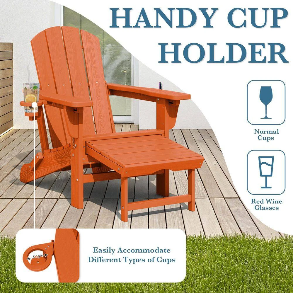 3-Level Adjustable Patio Folding Plastic Adirondack Chair With Retractable Ottoman, Cup And Phone Holders In Orange 7 3-Level Adjustable Patio Folding Plastic Adirondack Chair With Retractable Ottoman, Cup And Phone Holders In Orange - Image 7