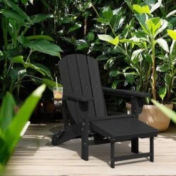 3-Level Adjustable Patio Folding Plastic Adirondack Chair With Retractable Ottoman, Cup And Phone Holders In Black -More Furniture Store jearey plastic adirondack chairs clgjtjy bk 31 1000