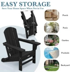 3-Level Adjustable Patio Folding Plastic Adirondack Chair With Retractable Ottoman, Cup And Phone Holders In Black -More Furniture Store jearey plastic adirondack chairs clgjtjy bk 4f 1000