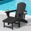 3-Level Adjustable Patio Folding Plastic Adirondack Chair With Retractable Ottoman, Cup And Phone Holders In Black