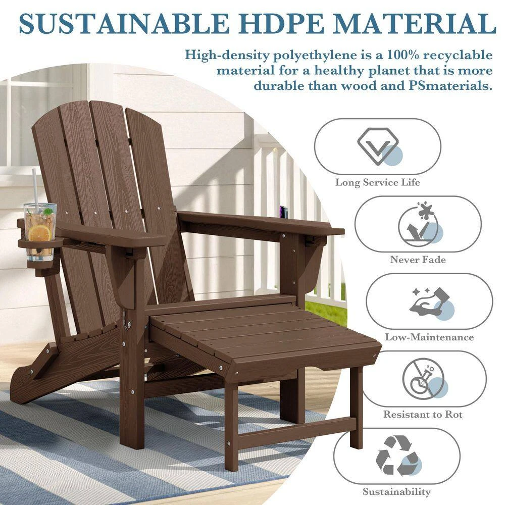 3-Level Adjustable Patio Folding Plastic Adirondack Chair With Retractable Ottoman, Cup And Phone Holders In Brown 6 3-Level Adjustable Patio Folding Plastic Adirondack Chair With Retractable Ottoman, Cup And Phone Holders In Brown - Image 6