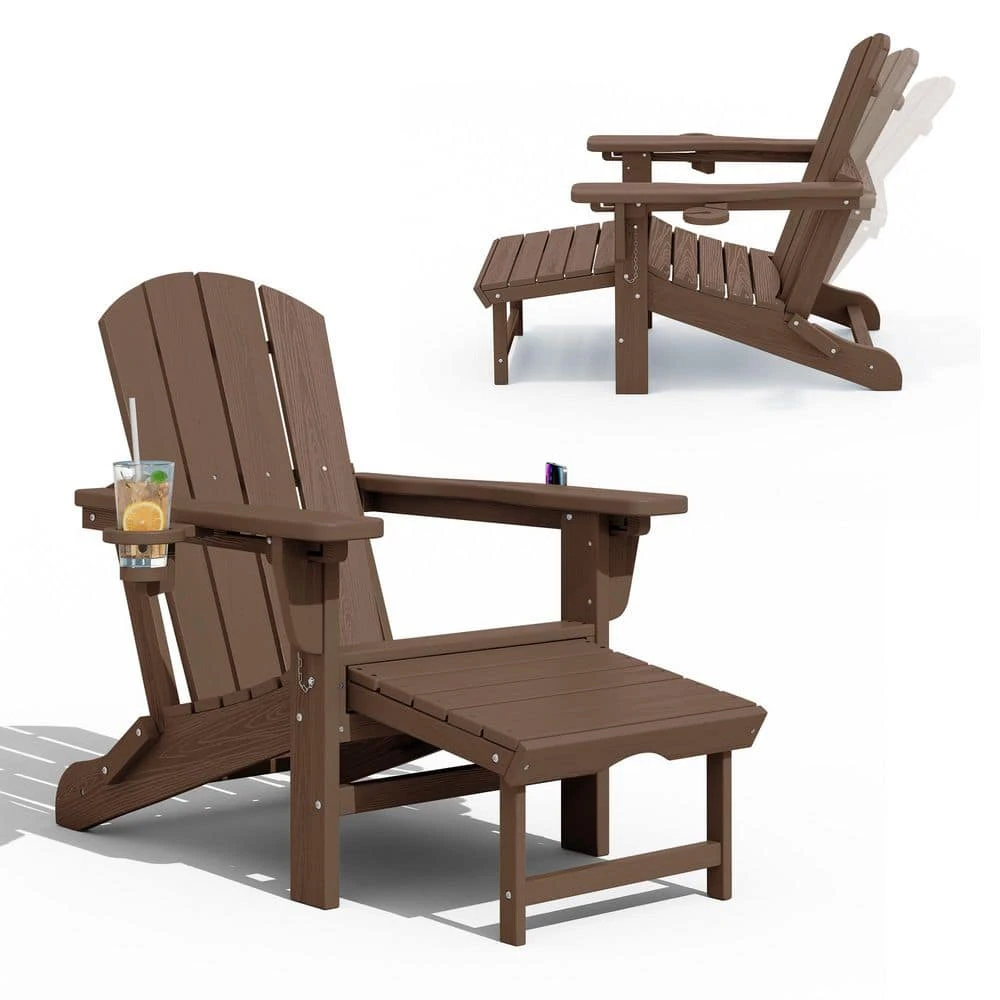 3-Level Adjustable Patio Folding Plastic Adirondack Chair With Retractable Ottoman, Cup And Phone Holders In Brown 3 3-Level Adjustable Patio Folding Plastic Adirondack Chair With Retractable Ottoman, Cup And Phone Holders In Brown - Image 3