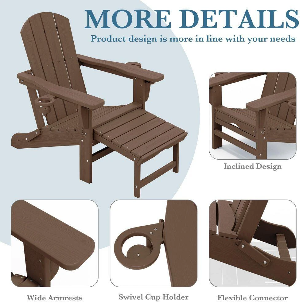 3-Level Adjustable Patio Folding Plastic Adirondack Chair With Retractable Ottoman, Cup And Phone Holders In Brown 7 3-Level Adjustable Patio Folding Plastic Adirondack Chair With Retractable Ottoman, Cup And Phone Holders In Brown - Image 7