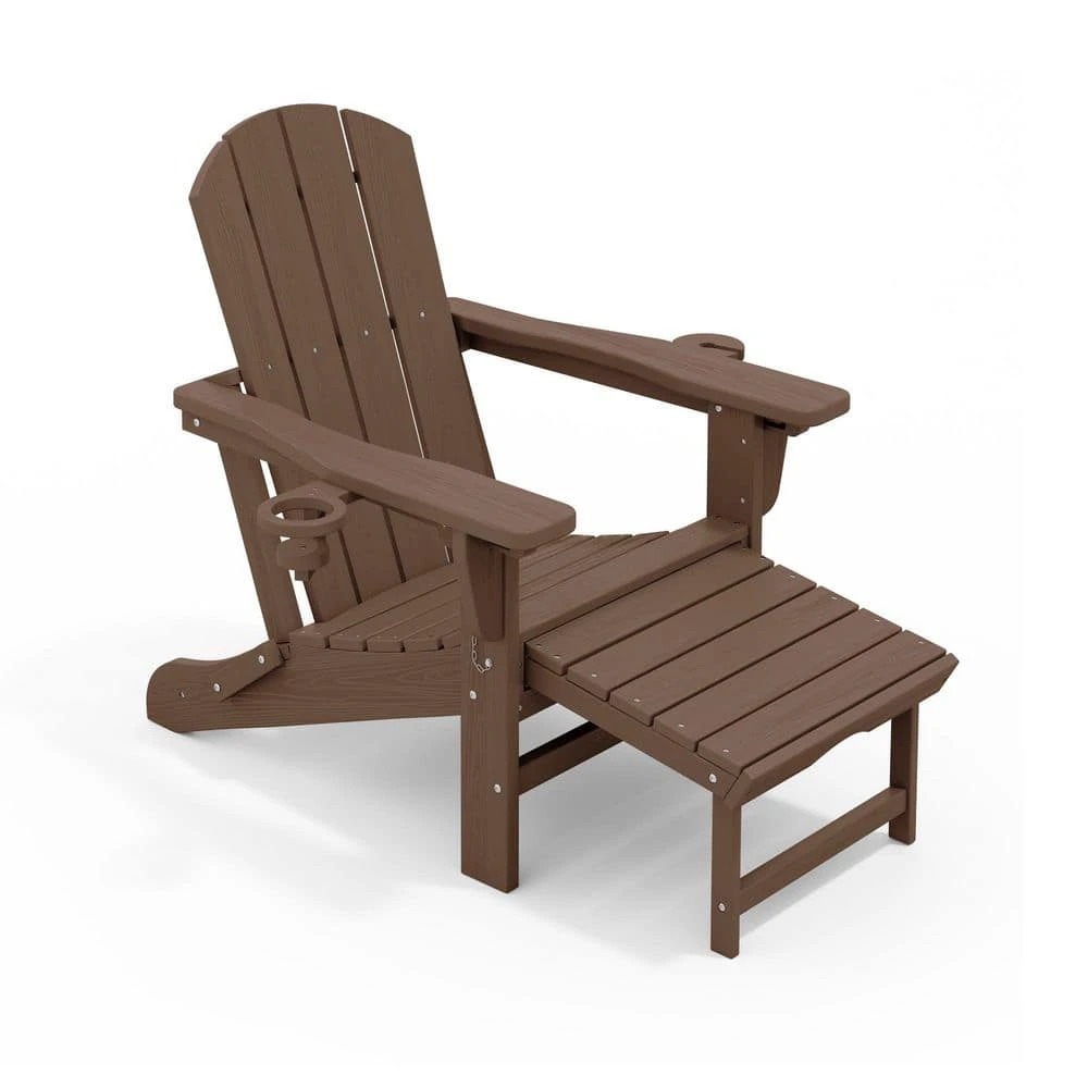 3-Level Adjustable Patio Folding Plastic Adirondack Chair With Retractable Ottoman, Cup And Phone Holders In Brown 1 3-Level Adjustable Patio Folding Plastic Adirondack Chair With Retractable Ottoman, Cup And Phone Holders In Brown