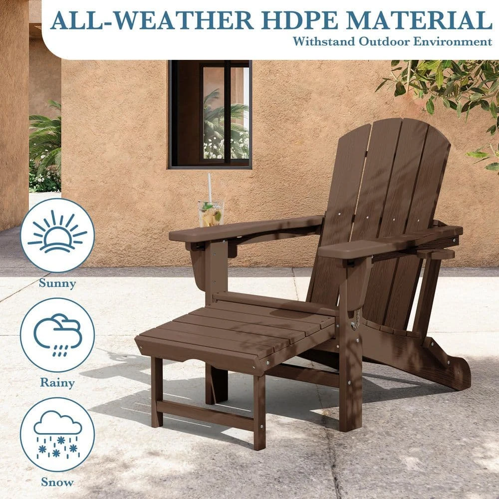 3-Level Adjustable Patio Folding Plastic Adirondack Chair With Retractable Ottoman, Cup And Phone Holders In Brown 9 3-Level Adjustable Patio Folding Plastic Adirondack Chair With Retractable Ottoman, Cup And Phone Holders In Brown - Image 9
