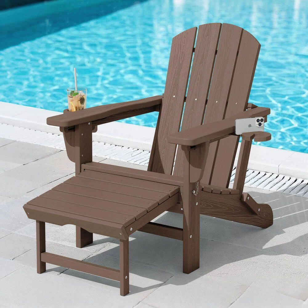 3-Level Adjustable Patio Folding Plastic Adirondack Chair With Retractable Ottoman, Cup And Phone Holders In Brown 2 3-Level Adjustable Patio Folding Plastic Adirondack Chair With Retractable Ottoman, Cup And Phone Holders In Brown - Image 2