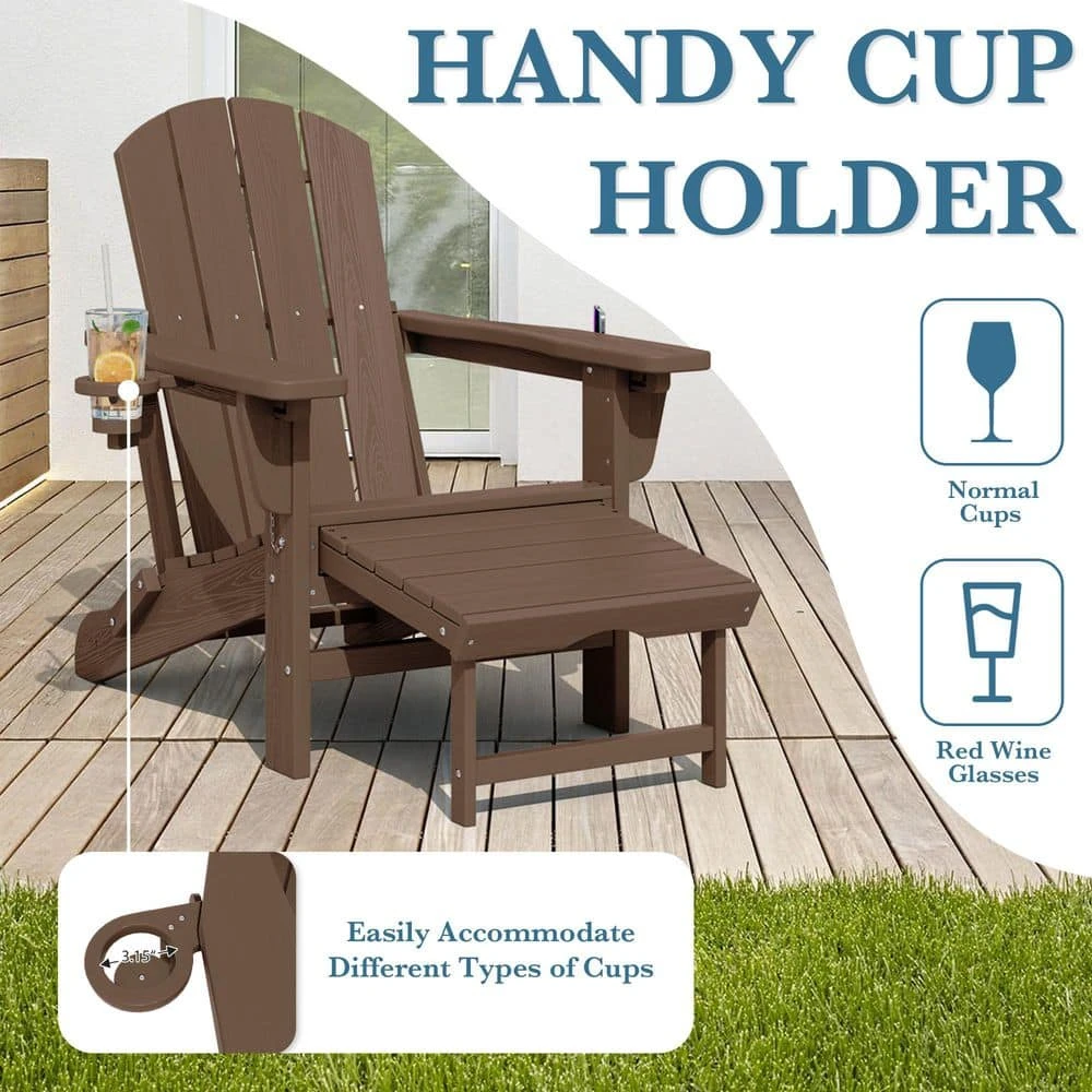 3-Level Adjustable Patio Folding Plastic Adirondack Chair With Retractable Ottoman, Cup And Phone Holders In Brown 8 3-Level Adjustable Patio Folding Plastic Adirondack Chair With Retractable Ottoman, Cup And Phone Holders In Brown - Image 8