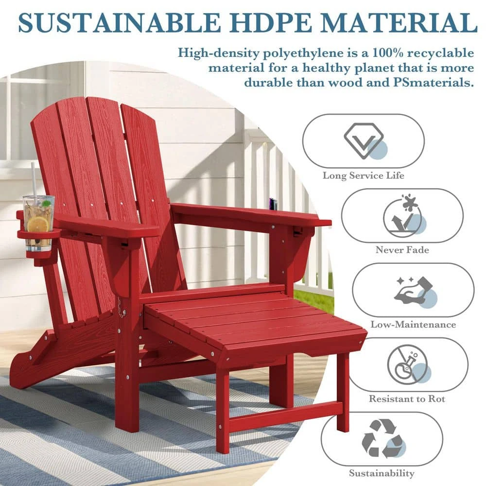 3-Level Adjustable Patio Folding Plastic Adirondack Chair With Retractable Ottoman, Cup And Phone Holders In Bright Red 5 3-Level Adjustable Patio Folding Plastic Adirondack Chair With Retractable Ottoman, Cup And Phone Holders In Bright Red - Image 5