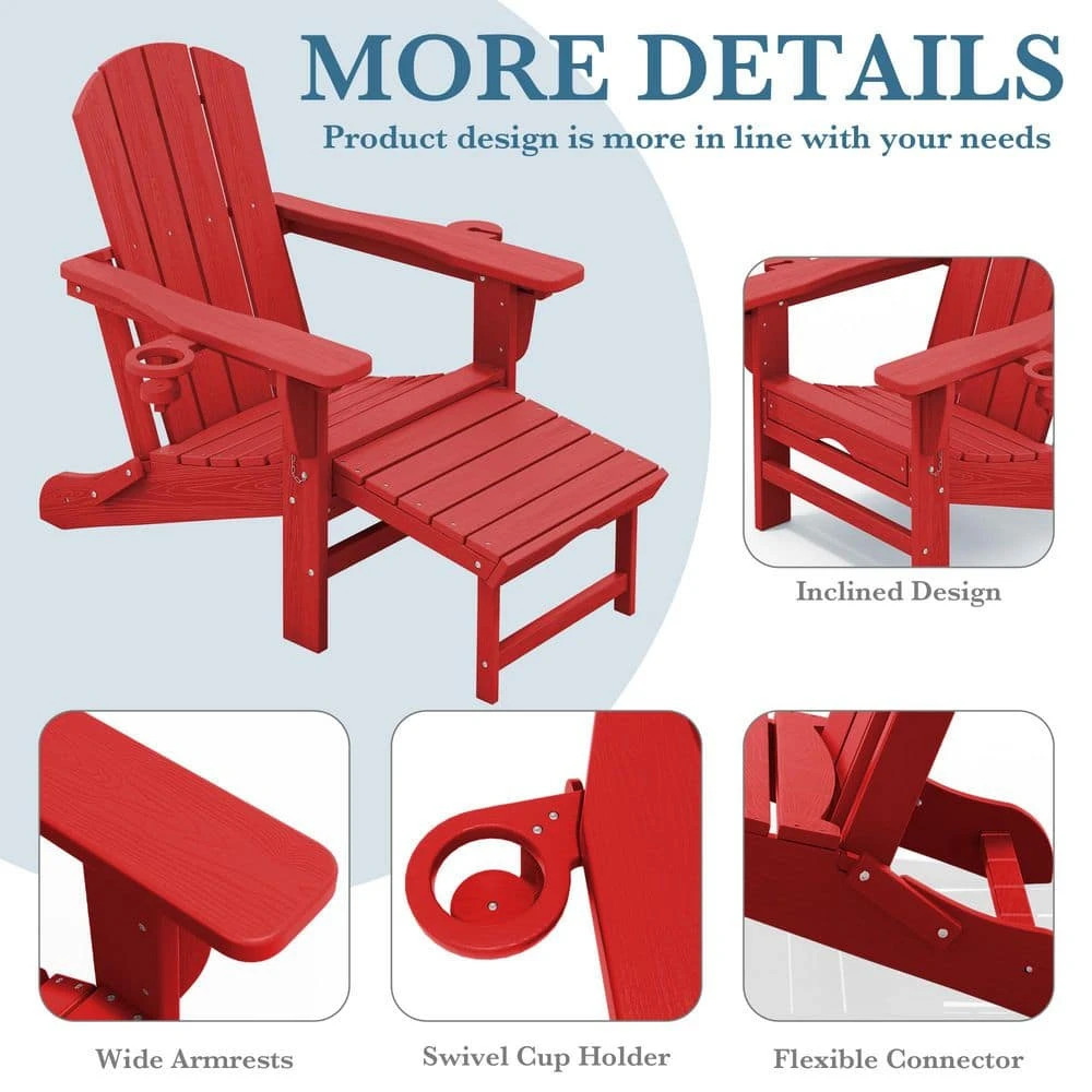 3-Level Adjustable Patio Folding Plastic Adirondack Chair With Retractable Ottoman, Cup And Phone Holders In Bright Red 6 3-Level Adjustable Patio Folding Plastic Adirondack Chair With Retractable Ottoman, Cup And Phone Holders In Bright Red - Image 6