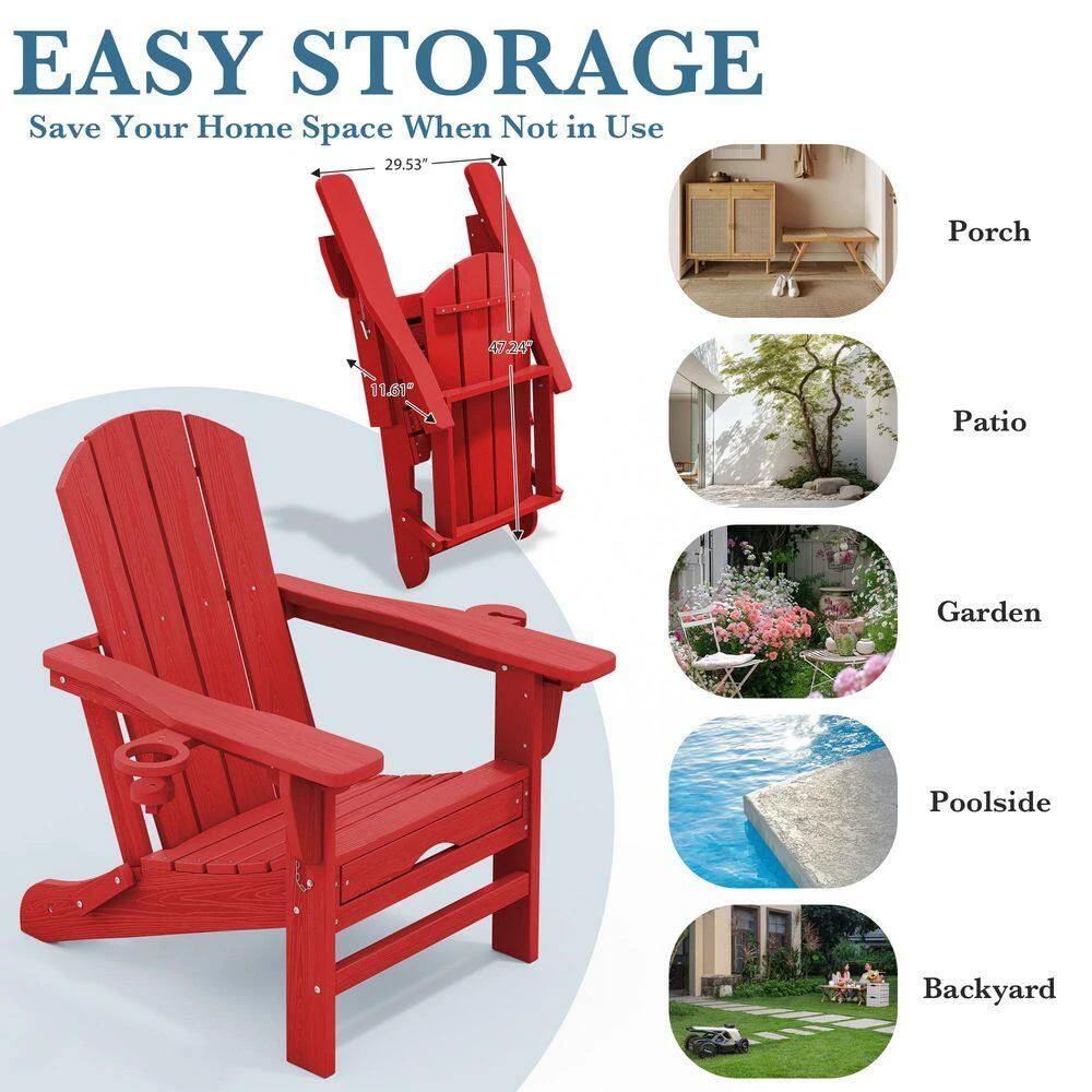 3-Level Adjustable Patio Folding Plastic Adirondack Chair With Retractable Ottoman, Cup And Phone Holders In Bright Red 4 3-Level Adjustable Patio Folding Plastic Adirondack Chair With Retractable Ottoman, Cup And Phone Holders In Bright Red - Image 4