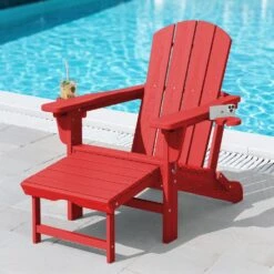 3-Level Adjustable Patio Folding Plastic Adirondack Chair With Retractable Ottoman, Cup And Phone Holders In Bright Red