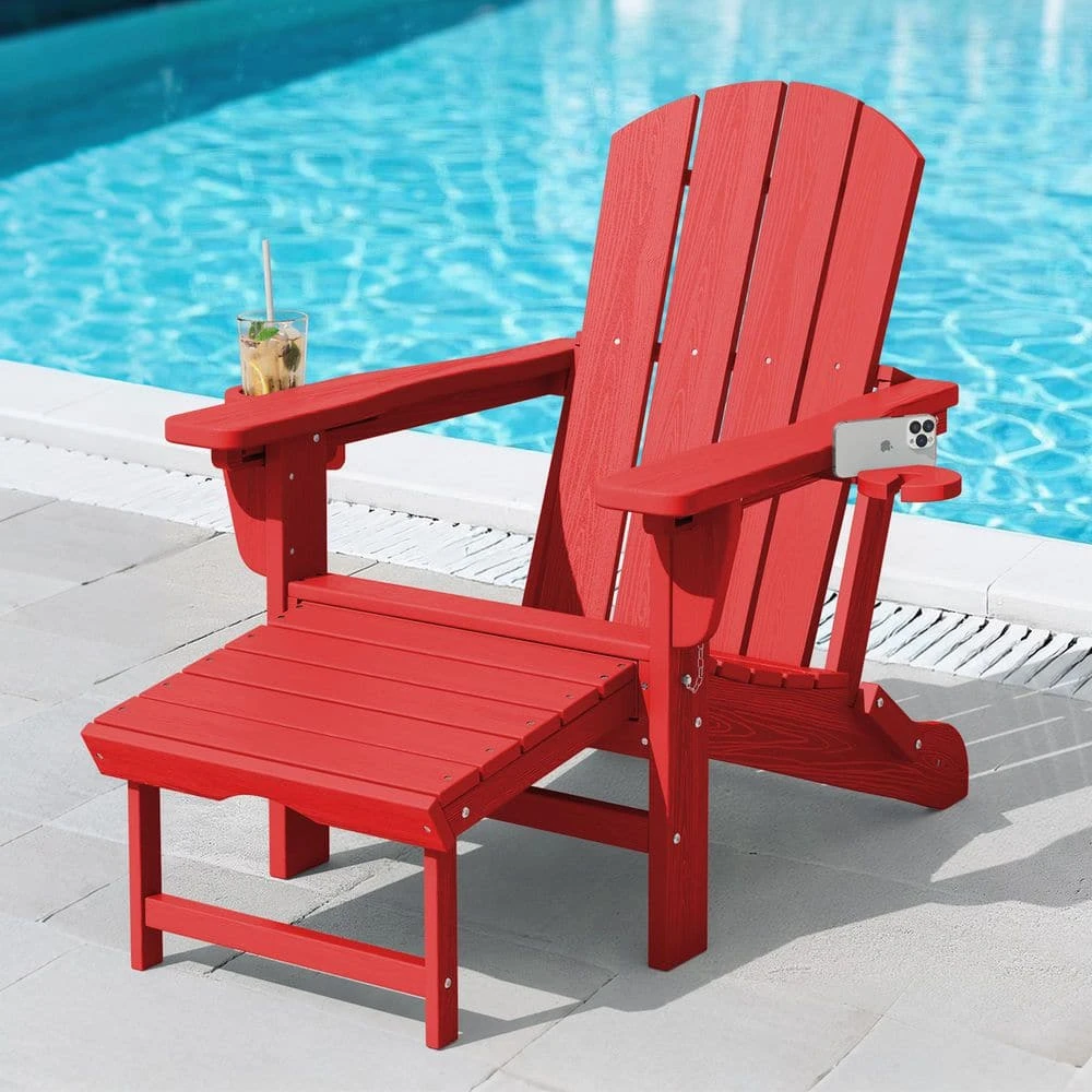 3-Level Adjustable Patio Folding Plastic Adirondack Chair With Retractable Ottoman, Cup And Phone Holders In Bright Red 1 3-Level Adjustable Patio Folding Plastic Adirondack Chair With Retractable Ottoman, Cup And Phone Holders In Bright Red