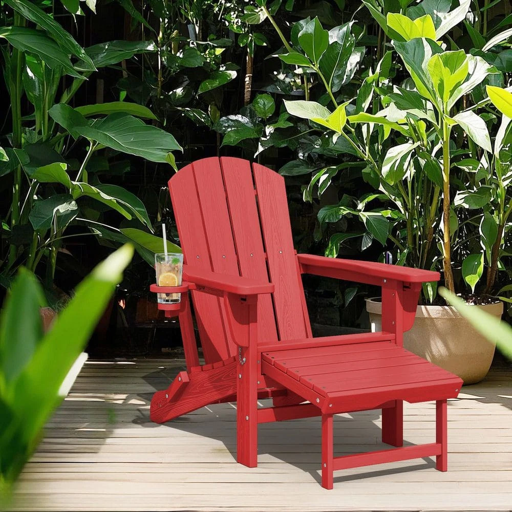 3-Level Adjustable Patio Folding Plastic Adirondack Chair With Retractable Ottoman, Cup And Phone Holders In Bright Red 2 3-Level Adjustable Patio Folding Plastic Adirondack Chair With Retractable Ottoman, Cup And Phone Holders In Bright Red - Image 2