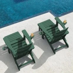 3-Level Adjustable Patio Folding Plastic Adirondack Chair With Retractable Ottoman, Cup And Phone Holders In Dark Green -More Furniture Store jearey plastic adirondack chairs clgjtjy dgn 31 1000